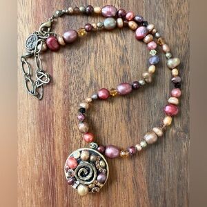 Michael Golan VTG Genuine Multicolor Pearl Necklace Pendant Rhinestone Signed